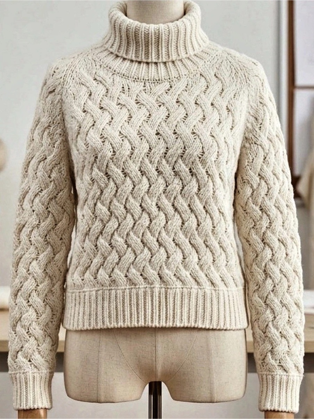 KENDALL + KYLIE Cable Knit Turtleneck in Cream Size Medium